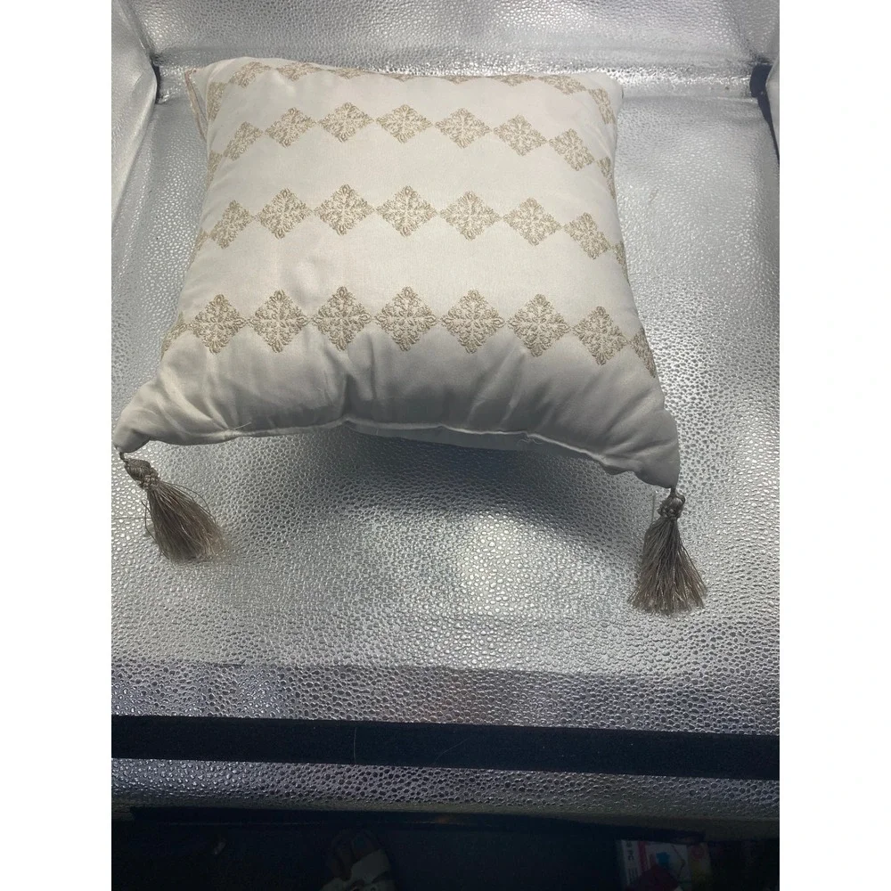 Gold Embroidered Diamond Pattern Throw Pillow with Tassels Cream Boho Square